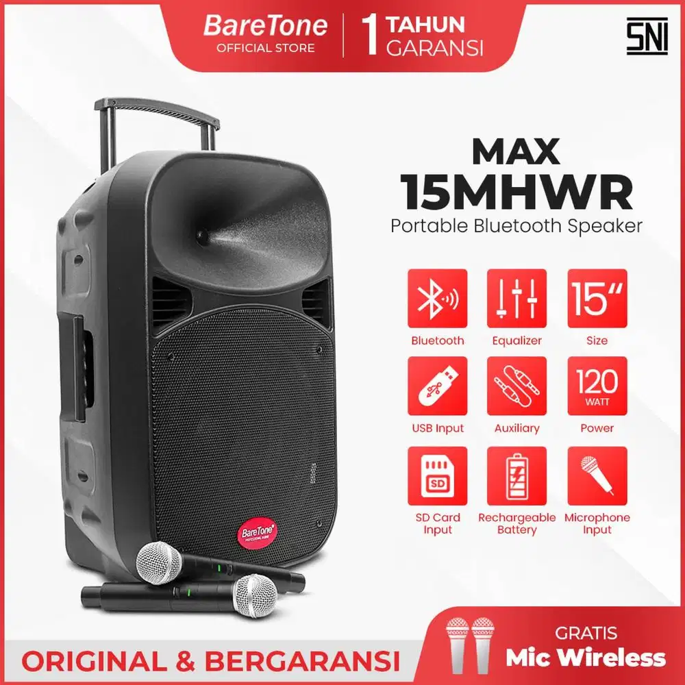 BareTone Speaker Aktif Portable MAX15MHWR - 15 Inch Wireless Mic ORI