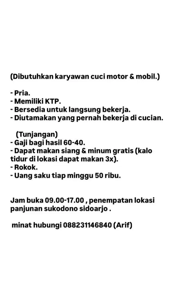 Lowongan kerja cucian motor dan mobil