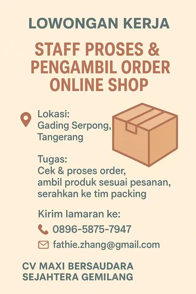 Dicari Staff Proses & Pengambil Order Online Shop