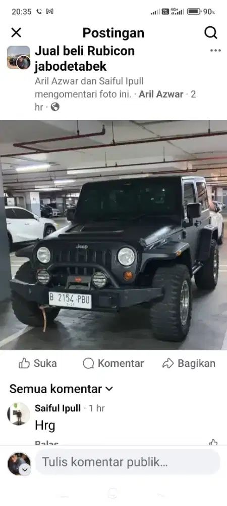 Langka Jeep Rubicon MW3 pentastar 2012 km 26.000 hitam wrap hitam doff