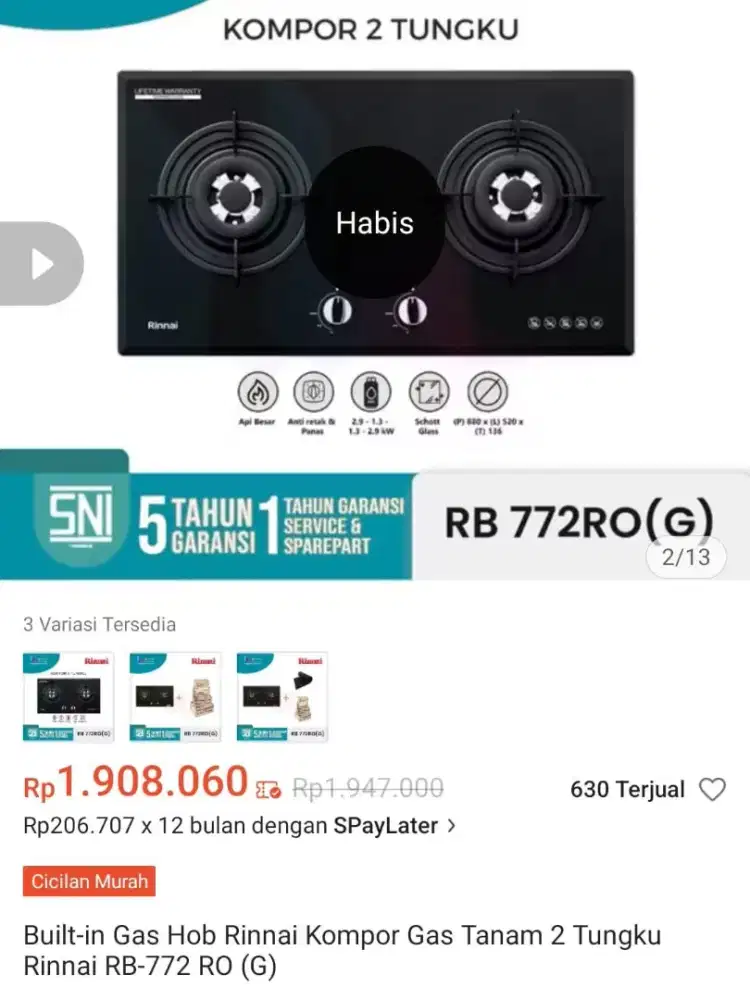 Kompor gas tanam 2 tungku