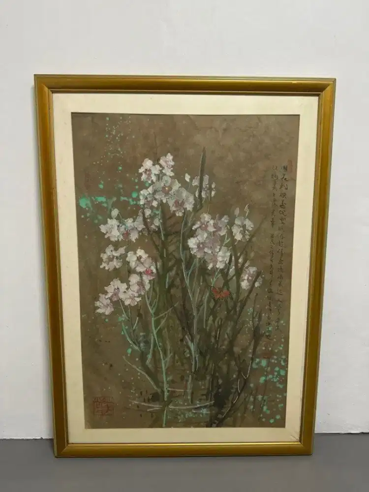 Lukisan Orchid Painting Asian Art China Vintage Pajangan Dekorasi