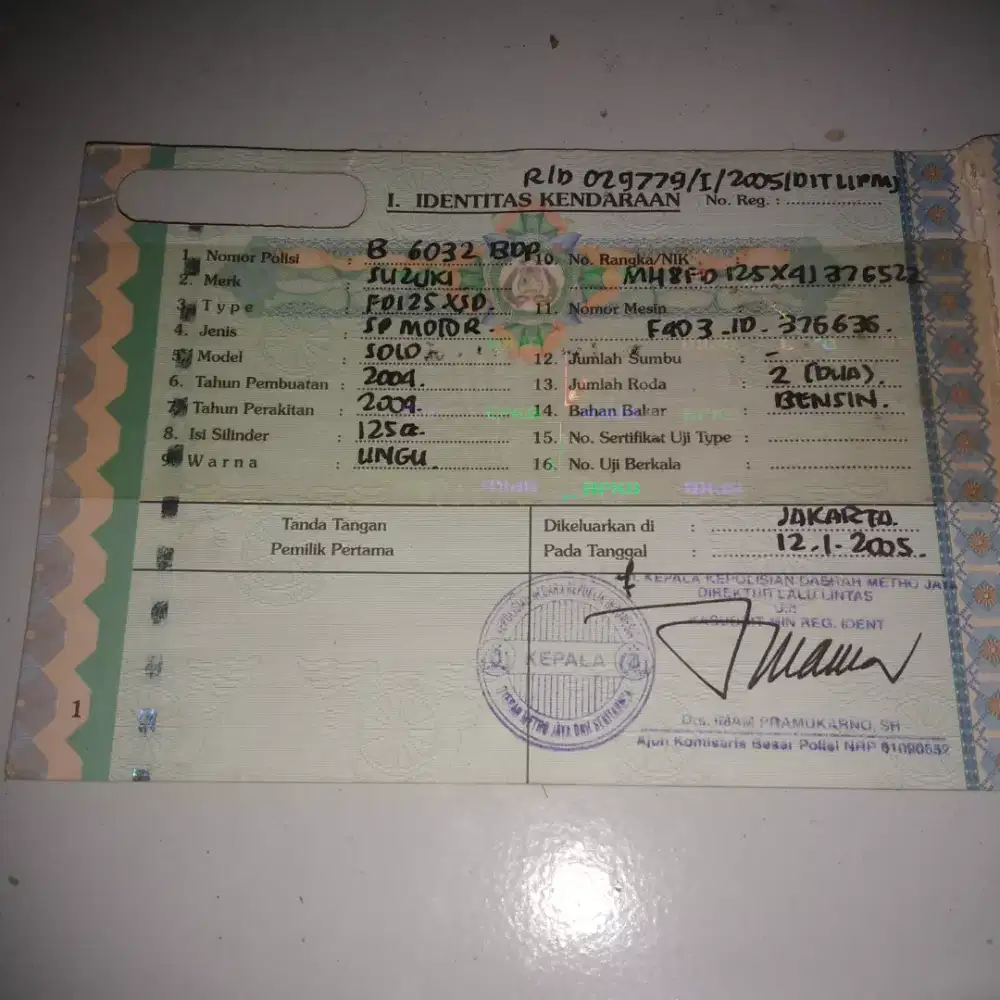 Buku BPKB Sepeda Motor Suzuki R125 Tahun 2009