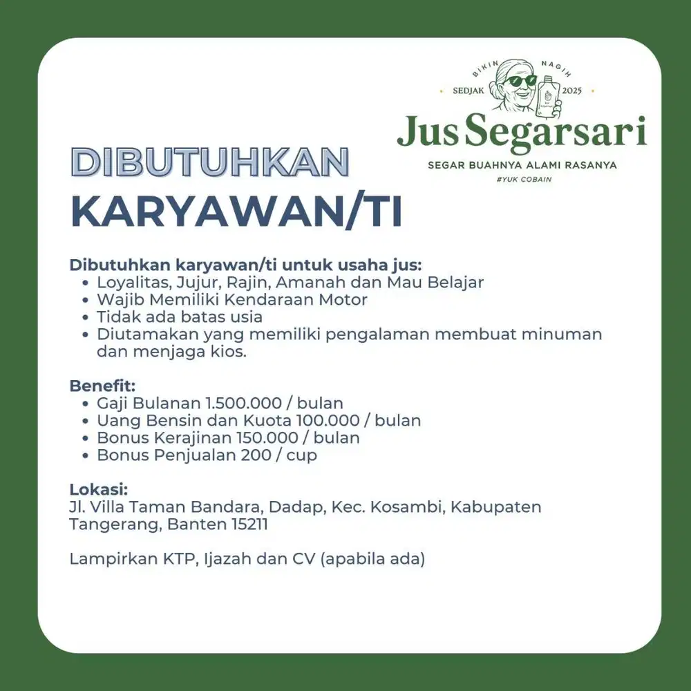 LOWONGAN KERJA JAGA STAND JUS (HANYA UNTUK YANG KOMITMEN DAN SERIUS)