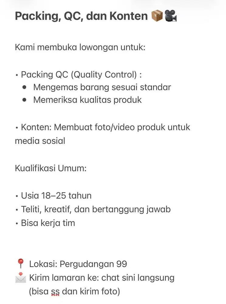 Lowongan Kerja Packing QC dan Konten