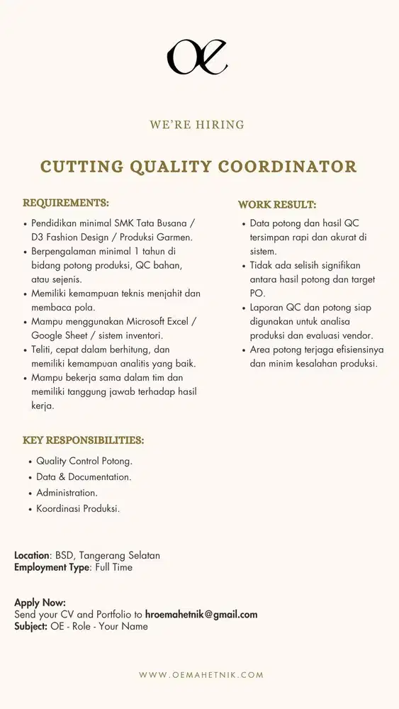 Cutting Quality Coordinator