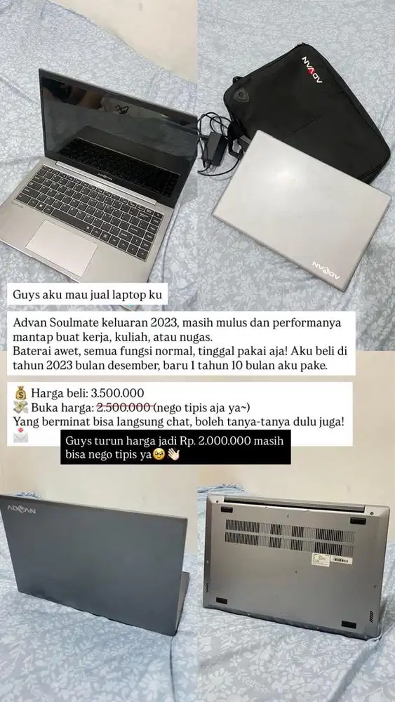 Dijual laptop second, Advan Soulmate 2023.