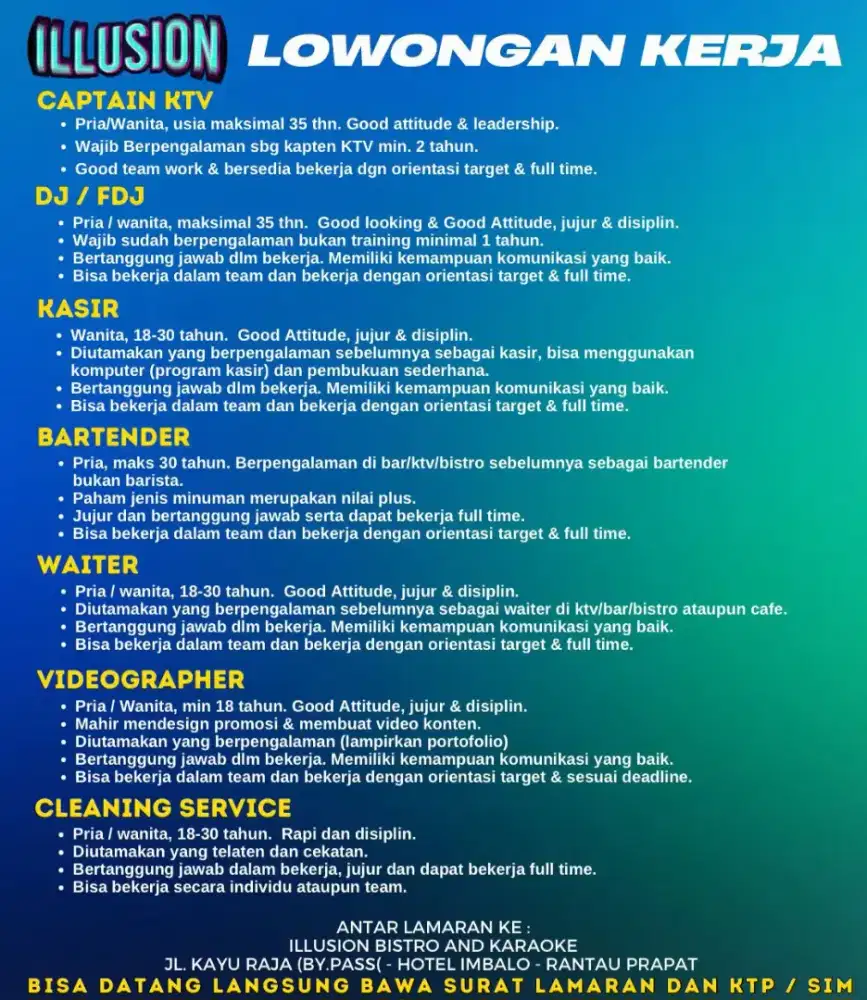 Dibutuhkan kasir, waiter, bartender, dj/fdj, videograper, kaptain