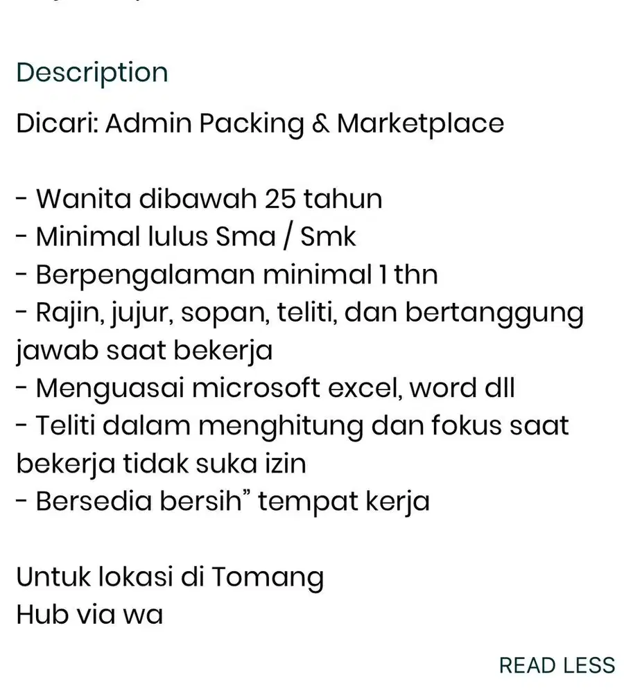 Dicari admin packing / marketplace