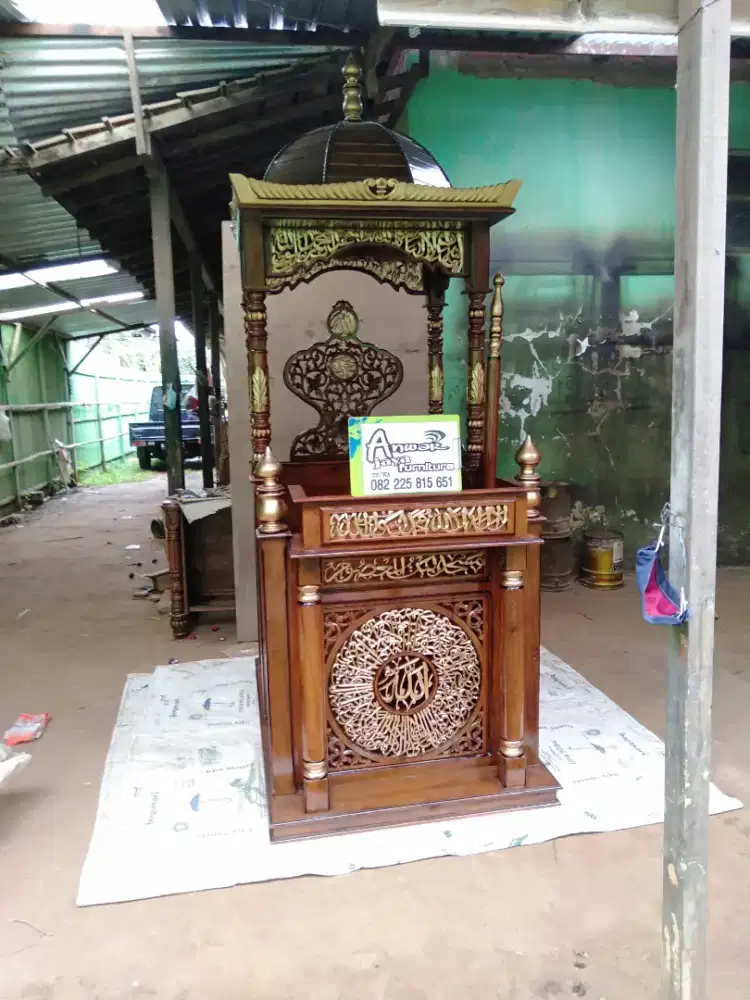 Mimbar masjid kuba ukiran kaligrafi full kayu jati
