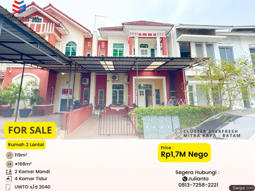 Dijual CEPAT Rumah 2 Lantai di Cluster Everfresh Mitra Raya Batam Center