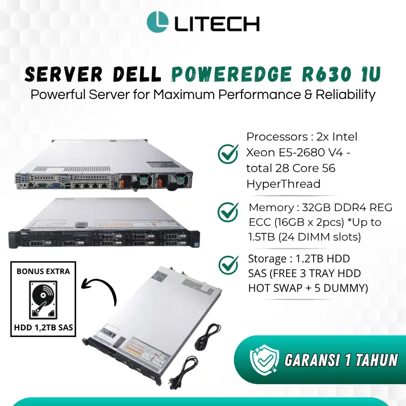 Server Tangguh Dell PowerEdge R630 Dual Xeon 28 Core RAM 32GB garansi