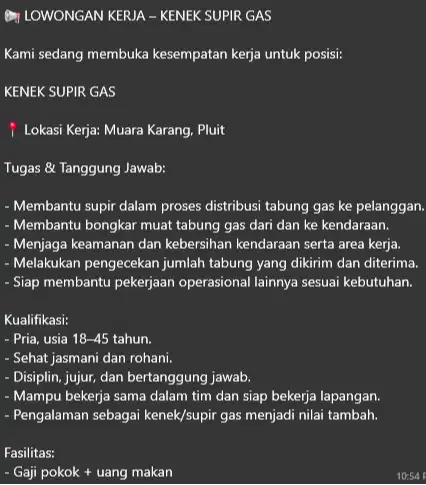 LOWONGAN KERJA – KENEK SUPIR GAS