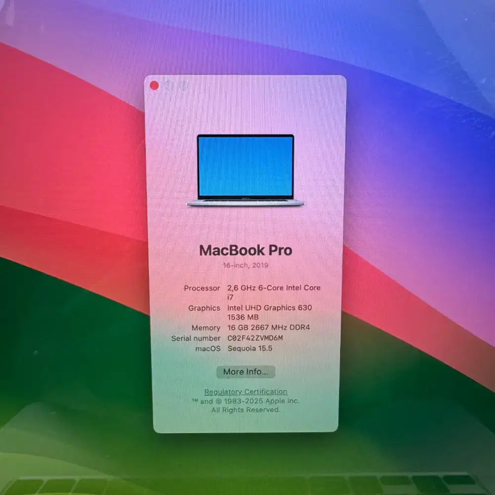 Macbook Pro 2019 layar 16 Inch Ram 16 Ssd 512 Core I7 lengkap full set
