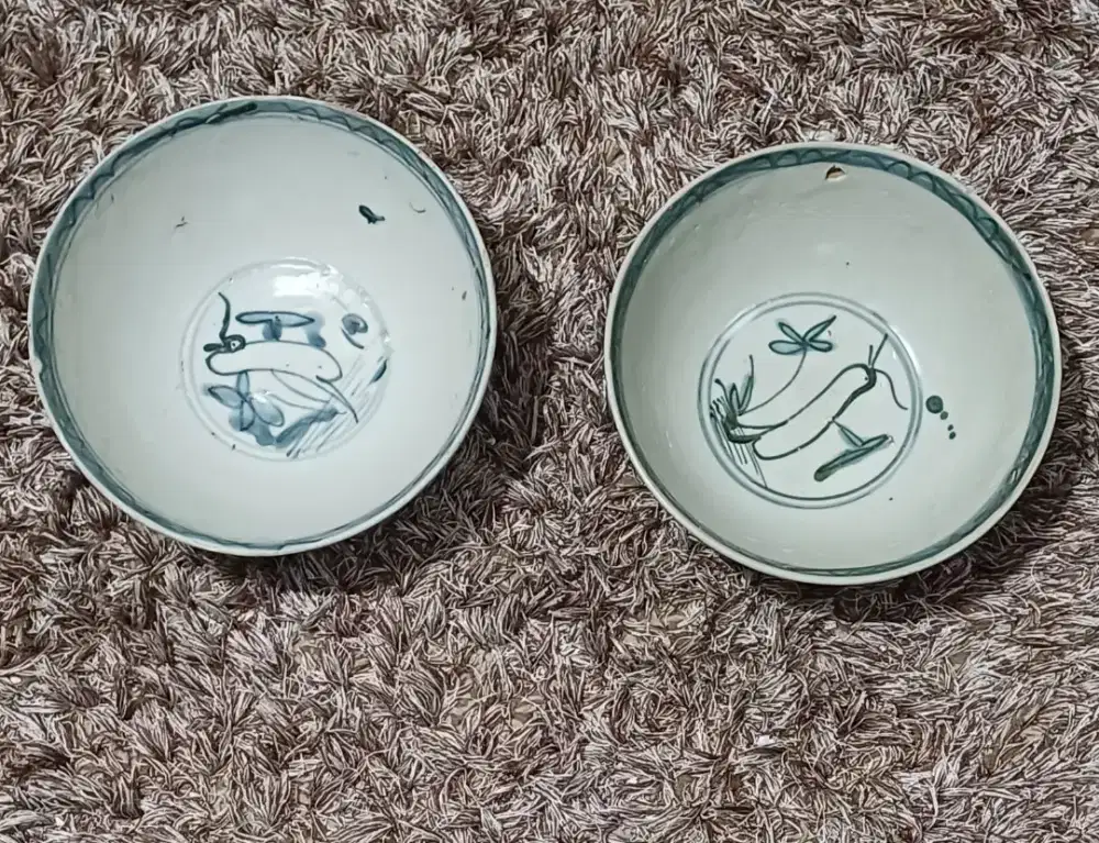 @D.19cm dua buah mangkok biru putih dinasty ming swatow.