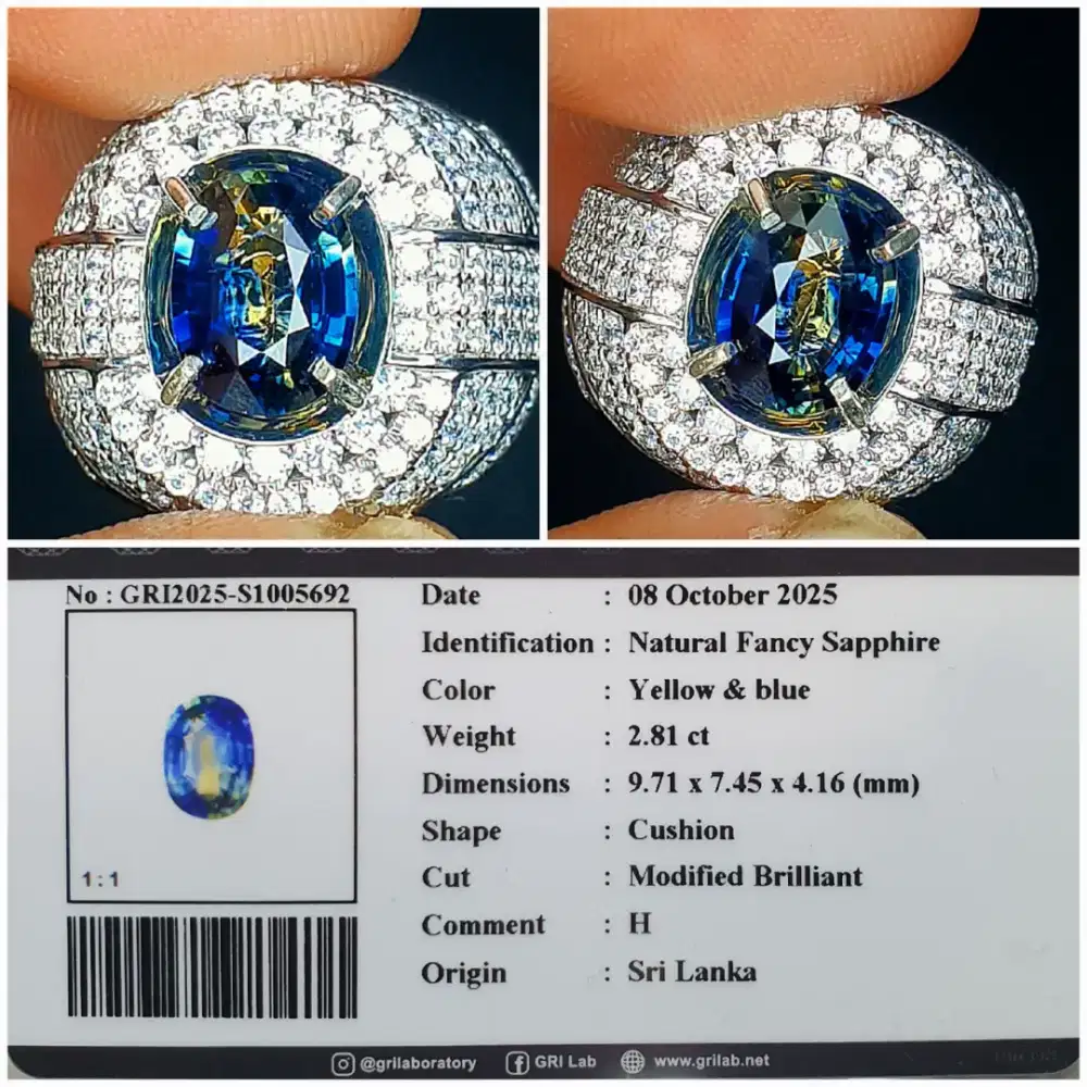 Natural Fancy Sapphire 2.81ct H Srilanka Biru kuning ring perak mikro