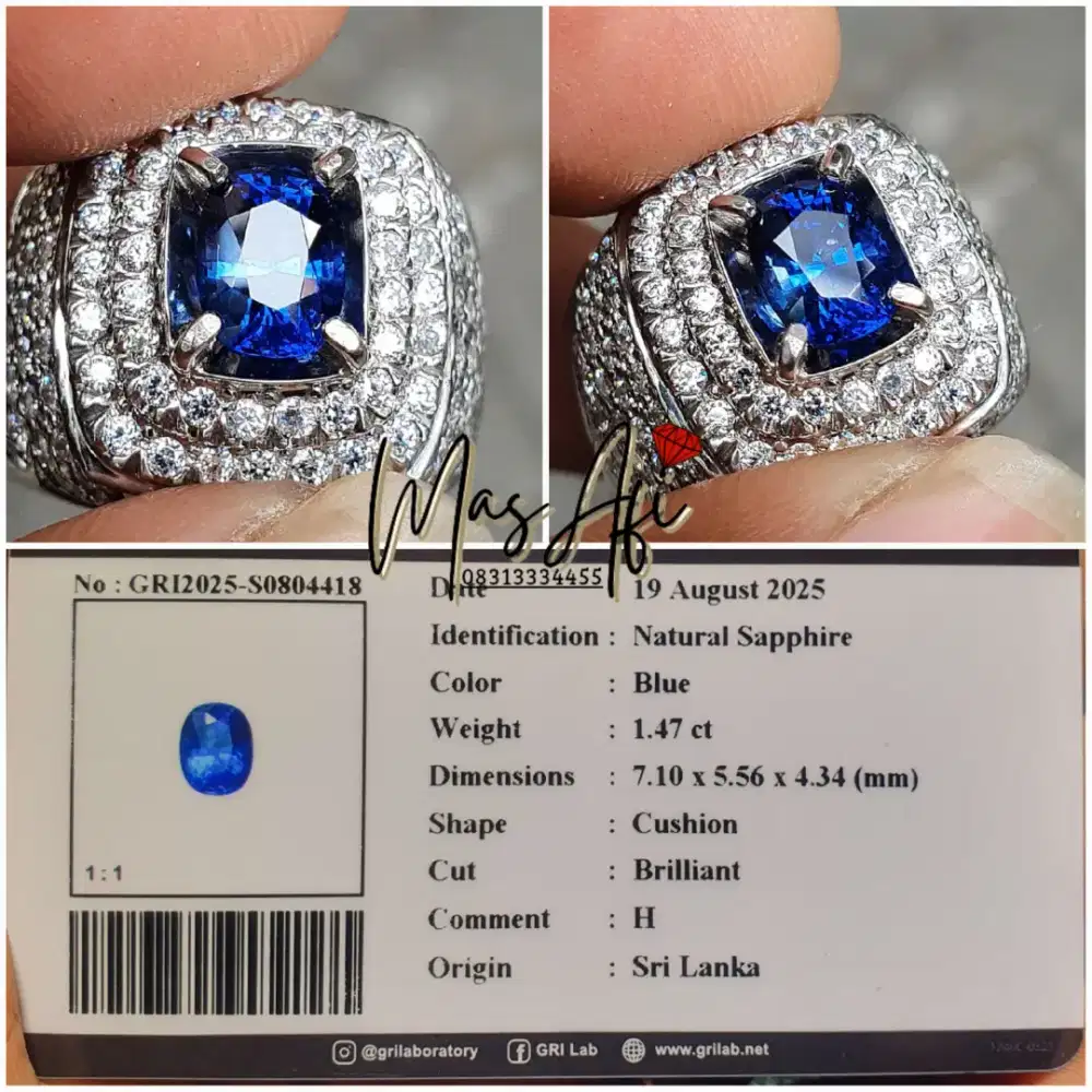 Natural Blue Sapphire 1.47ct Srilanka GRI ring perak intens Blue