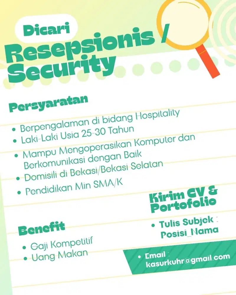 LOWONGAN SECURITY MERANGKAP  RESEPSIONIS