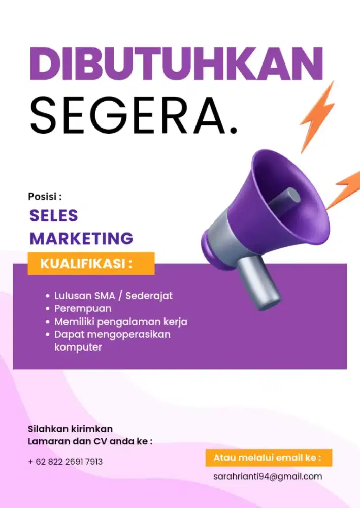 DICARI SELES MARKETING UNTUK DI LUAR NEGERI GAJI8-10JT, BONUS, CUTI.