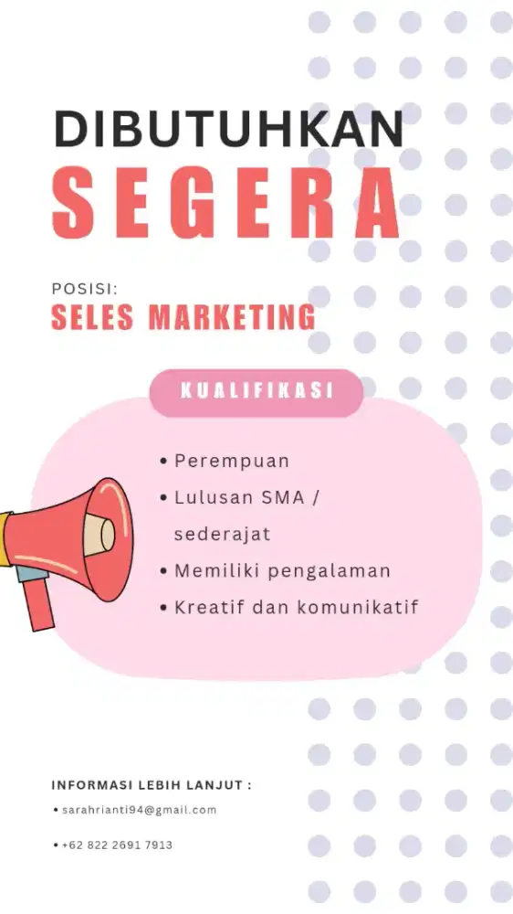 DICARI SELES MARKETING UNTUK DI LUAR NEGERI GAJI 8-10JT, BONUS, CUTI.