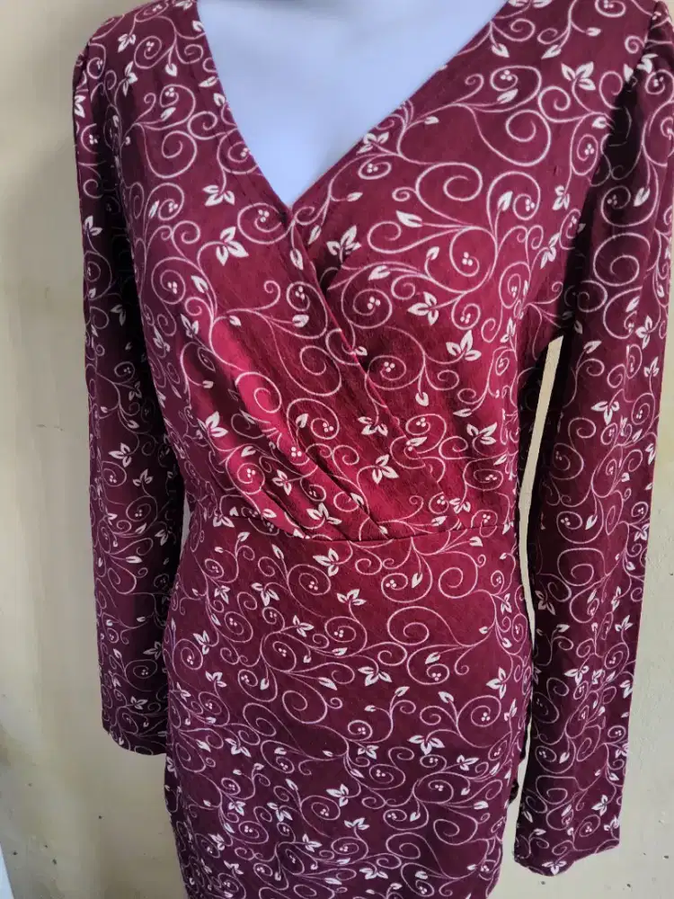 Drees Batik Modren Lengan Panjang - Motif Daun Merah Marun