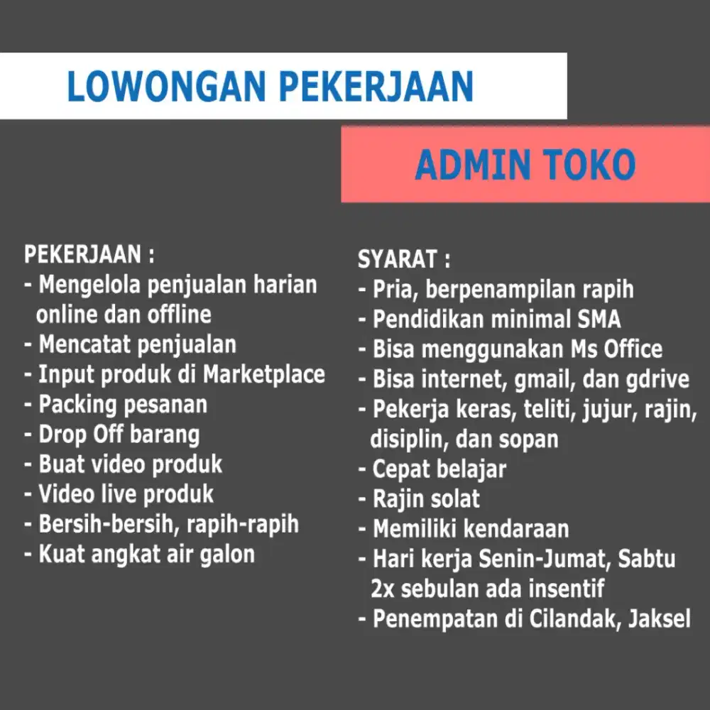 Dibutuhkan Admin Toko
