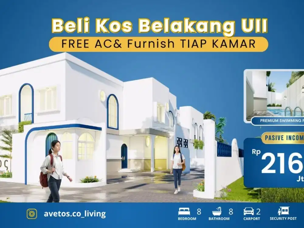 Kos Desain Santorini di Sleman, SHM & Passive Income Tinggi!