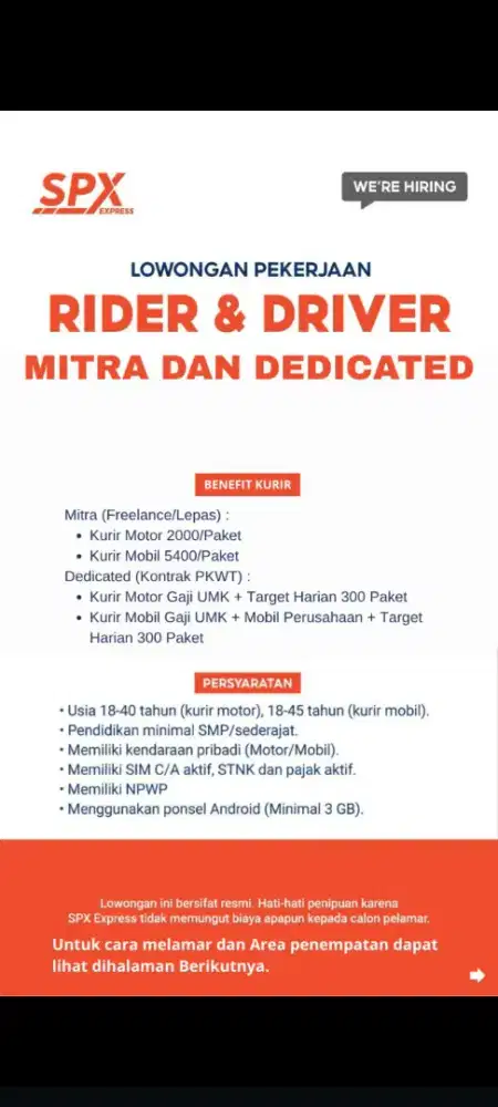 LOWONGAN KURIR PAKET SPX EXPRESS MOTOR/MOBIL