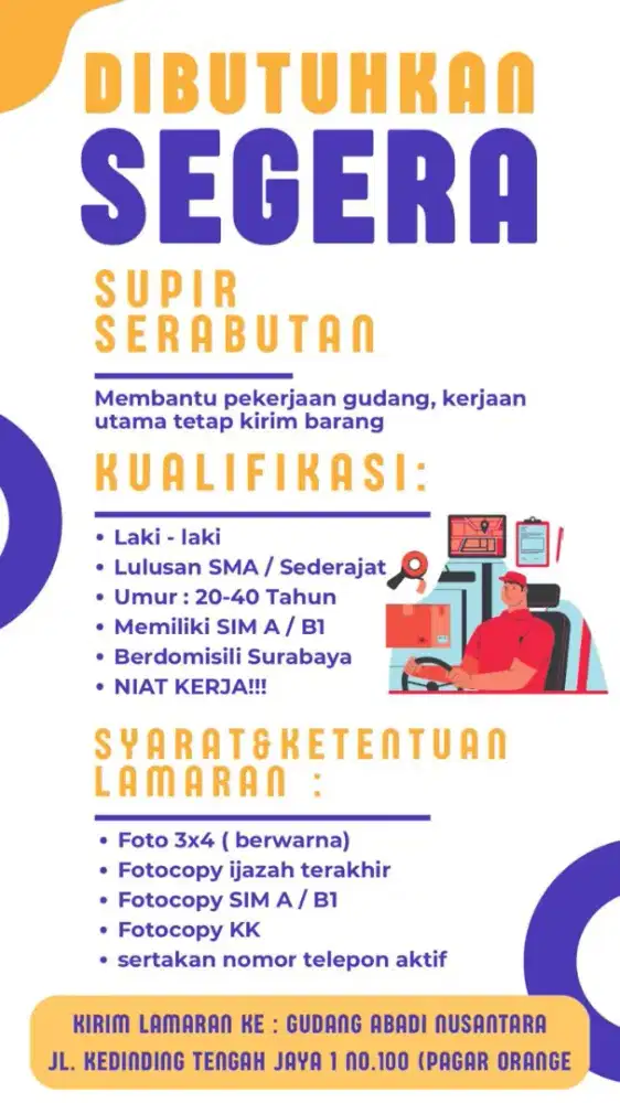 Dicari supir serabutan untuk toko bangunan surabaya