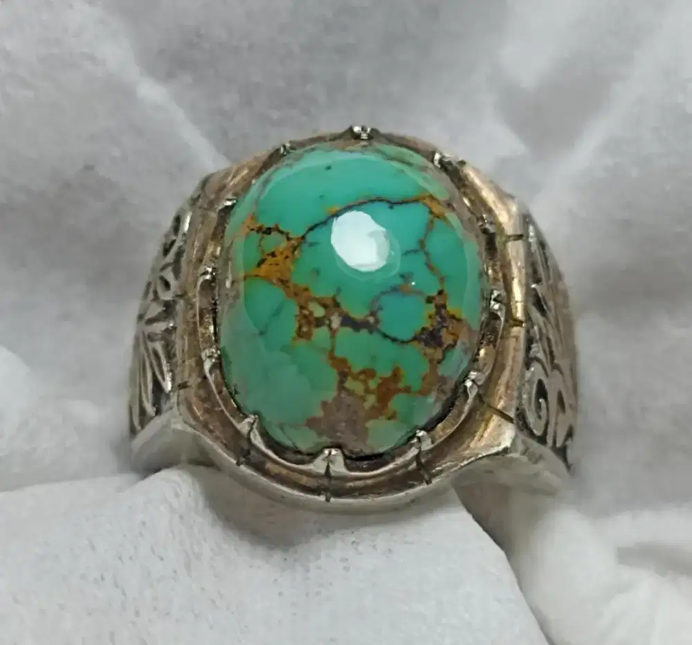 Pirus Persia urat emas indah Ring Perak handmade tebal mewah