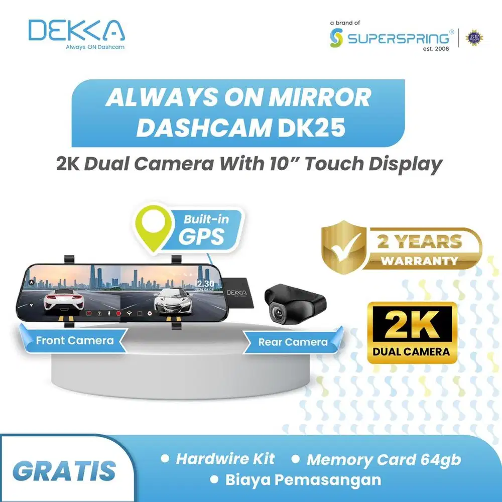 DEKKA DK25 Dash Cam Mirror Spion Mobil 2K Depan Belakang