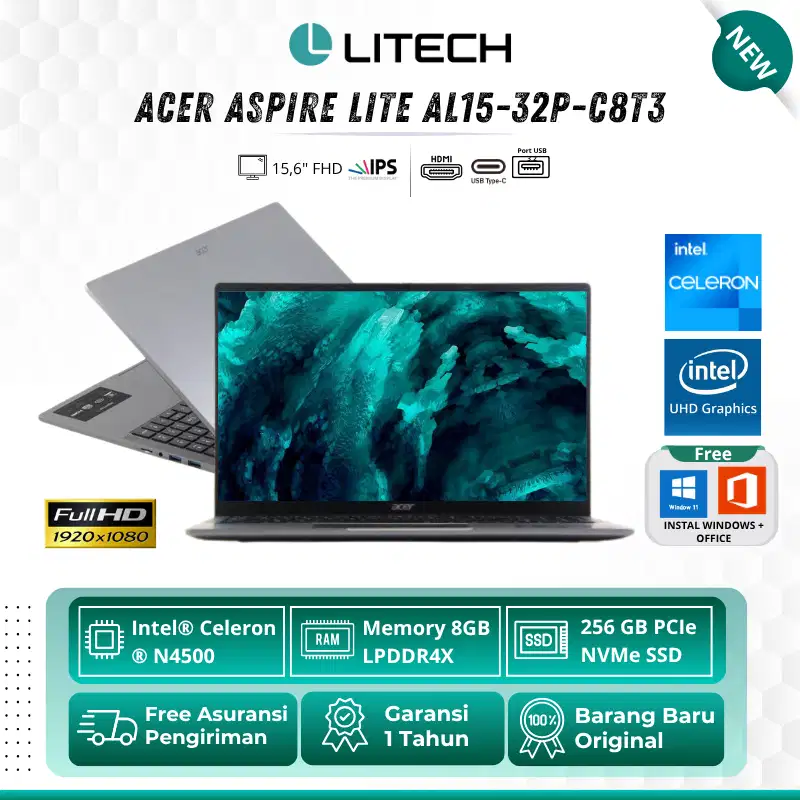 Baru Acer Aspire Lite 15.6” Celeron N4500 8GB SSD 256GB - Free instal