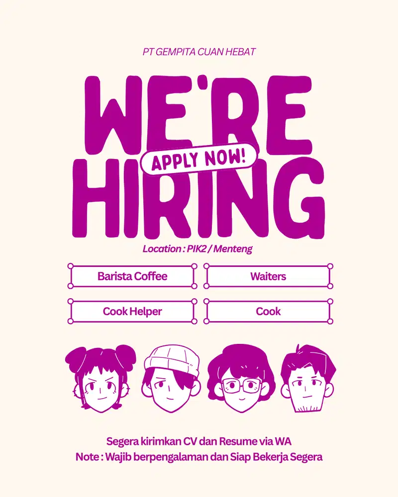 Lowongan Barista, Cook, Cook Helper dan Waiters Resto di PIK2/Menteng