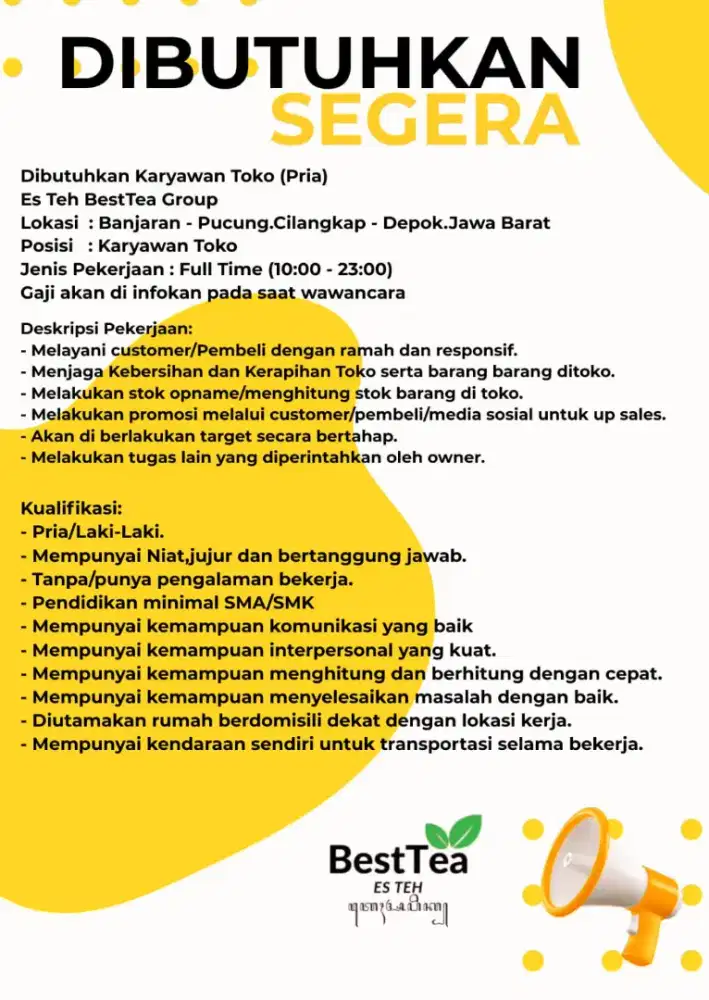 Lowongan pekerjaan pelayan Toko Es Teh
