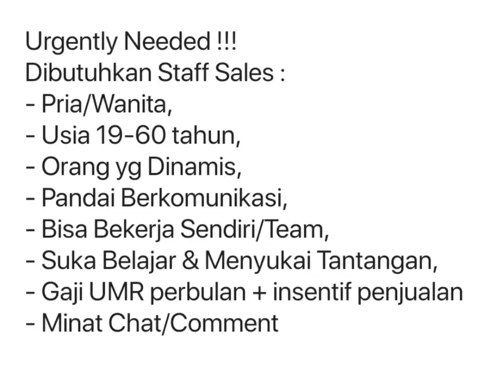 Dibutuhkan segera staff sales