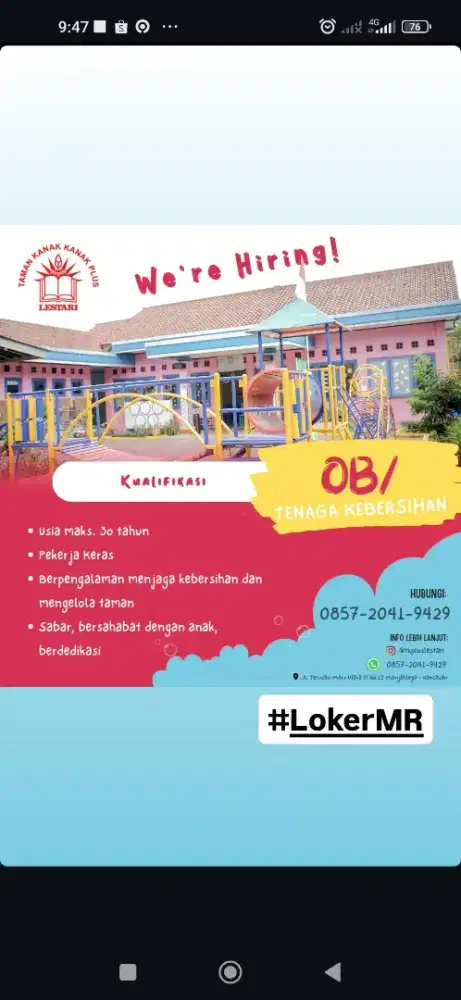 Lowongan OB (Office Boy) Taman Kanak-Kanak