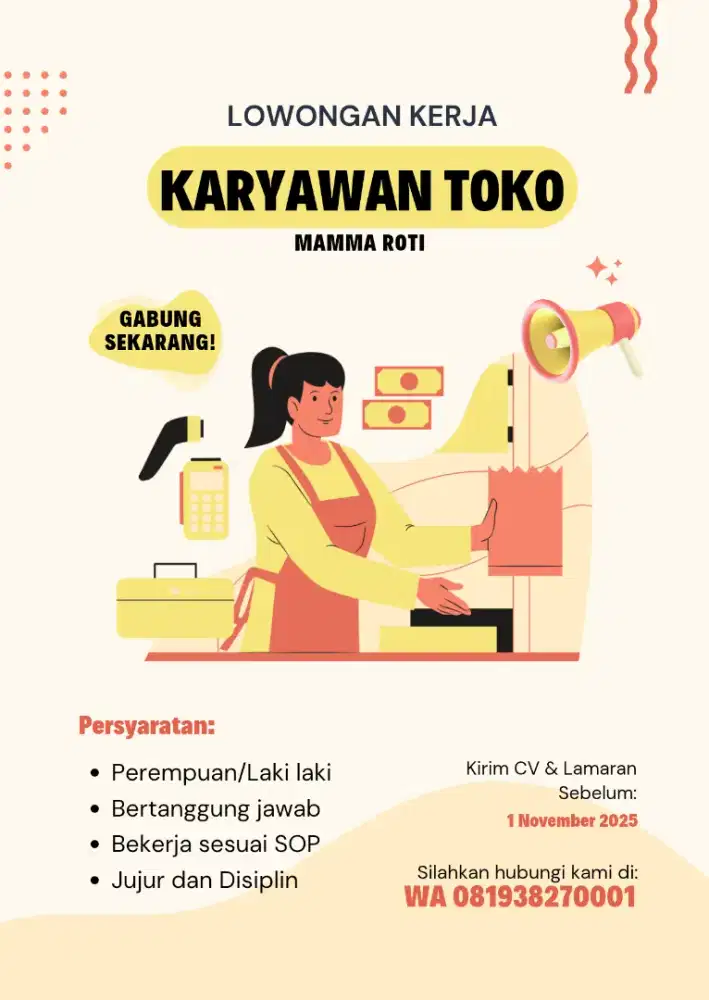 (Dicari Cepat) Karyawan Outlet Mamma Roti Alam Raya jurumudi