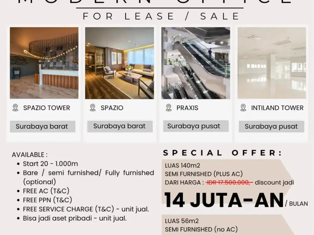 FREE FURNISHED. Kantor Dijual SPAZIO TOWER Surabaya Barat [800m] ex ballroom hotel