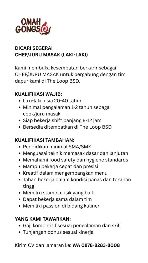 Dicari Chef/Juru Masak untuk Restoran Omah Gongso BSD
