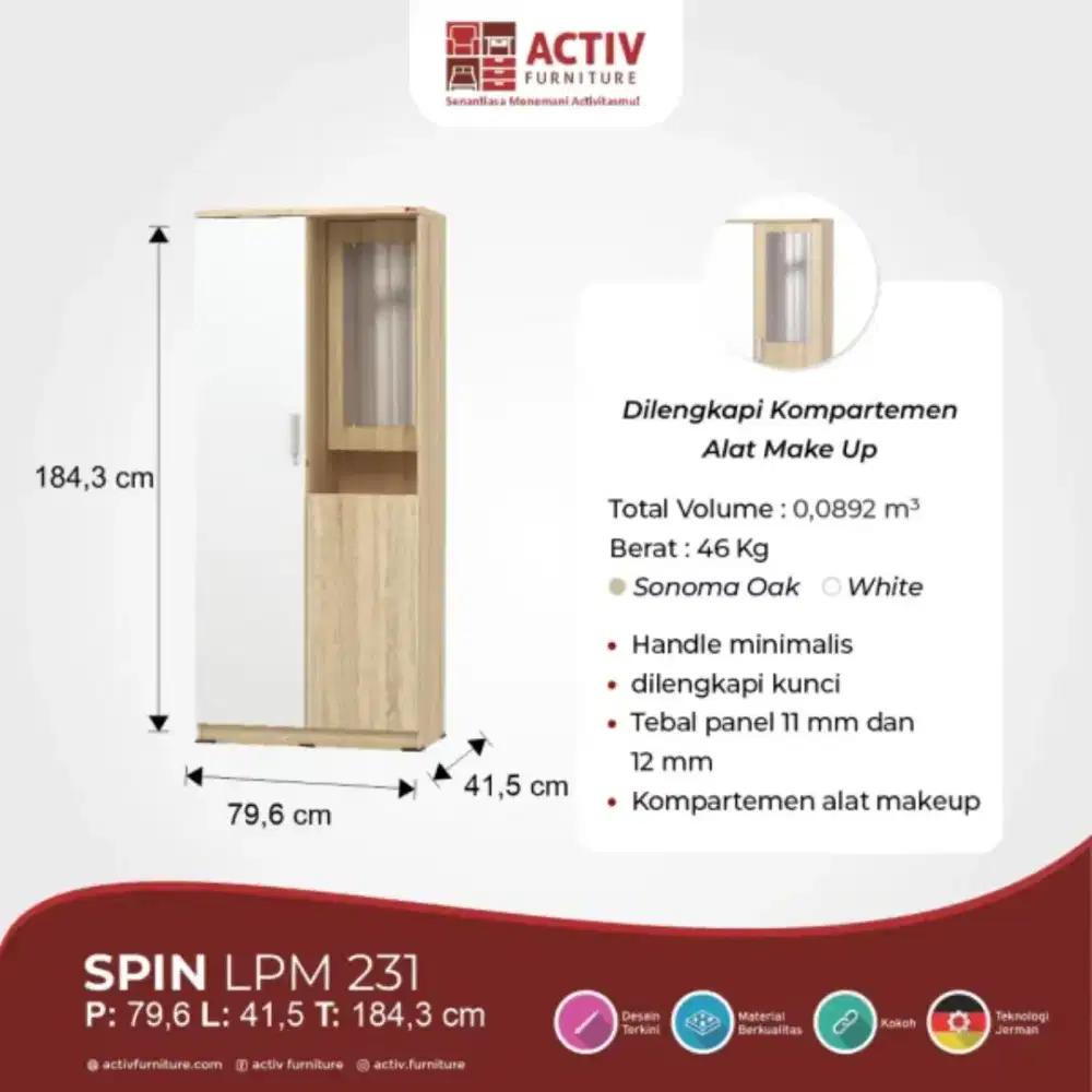 Lemari pakaian 2 pintu + cermin dan kompartemen alat make up - modern
