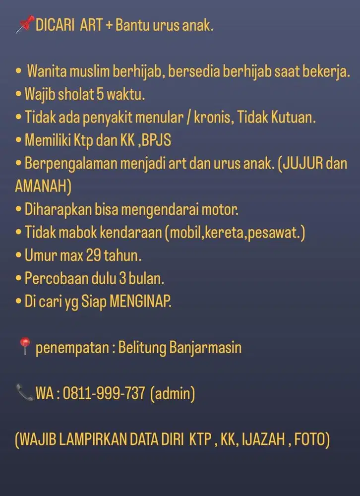 Di Cari ART (menginap)