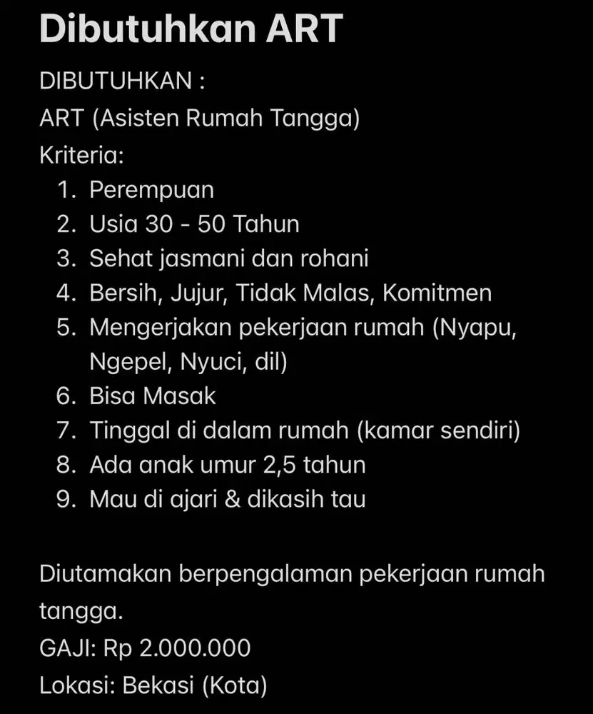 Dicari ART MENGINAP RAJIN dan JUJUR!