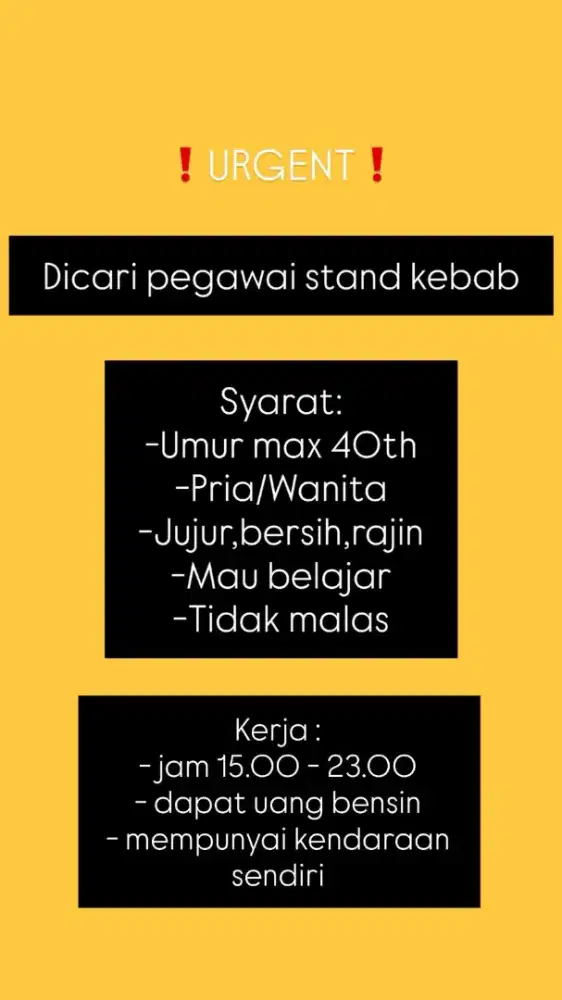 Dicari pegawai stand kebab