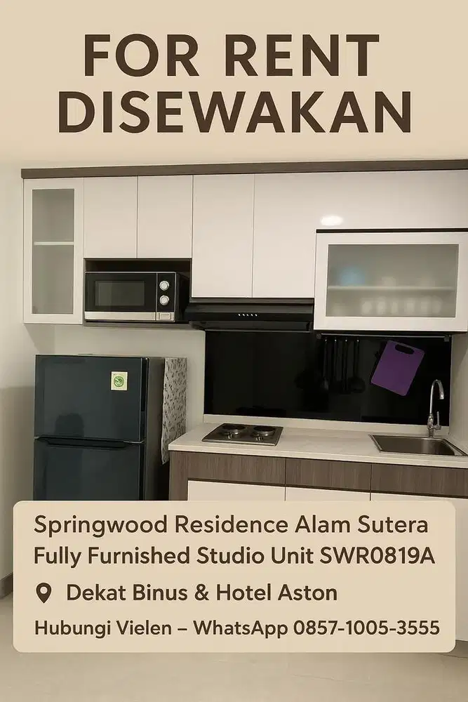 DISEWAKAN  EKSKLUSIF STUDIO FF SPRINGWOOD ALSUT DEKAT BINUS