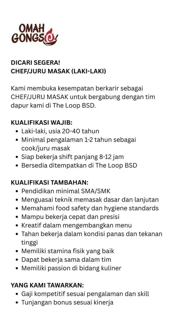 Dicari chef/juru masak untuk restoran indonesia omah gongso