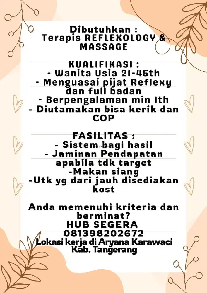 Lowongan Terapis Wanita Daerah Curug Tangerang