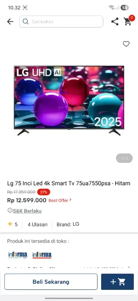 Ready stok tv 75 inc LG smart tv