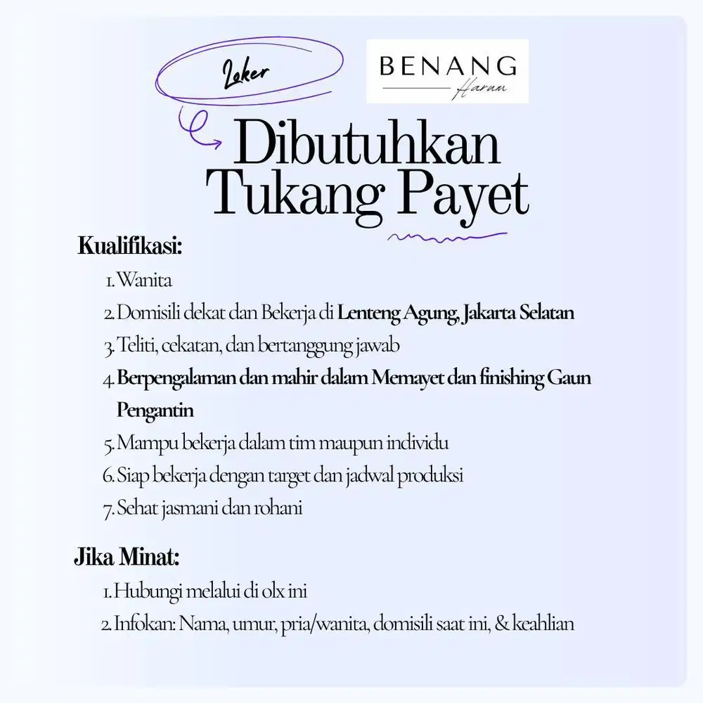DIBUTUHKAN TUKANG PAYET