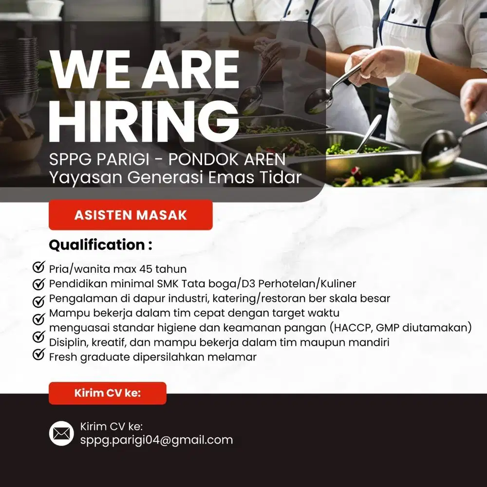 Lowongan Kerja Cheff & Asisten Masak