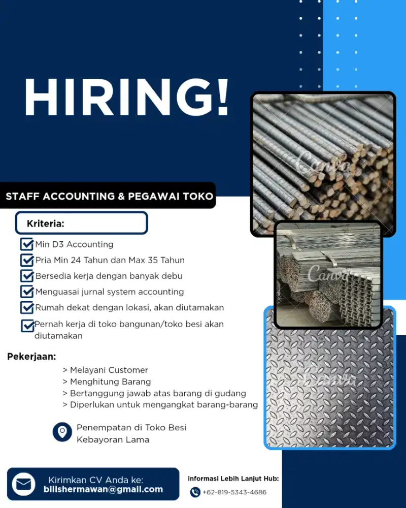 DIBUTUHKAN SEGERA STAFF ACCOUNTING DAN PEGAWAI TOKO